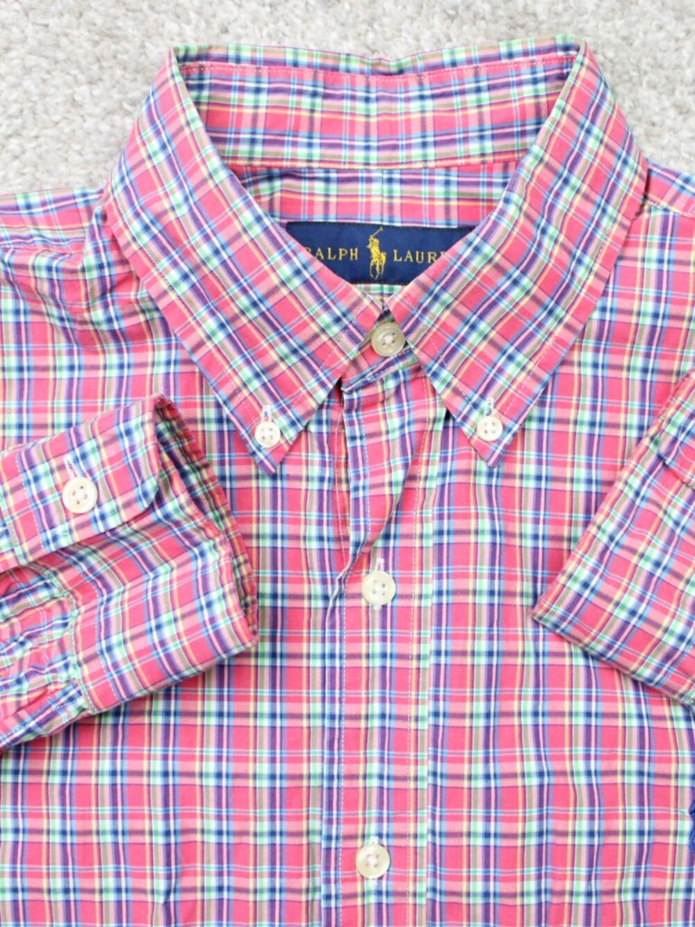 Ralph Lauren Shirt Mens Medium Pink/Blue Check 100% Cotton Long Sleeve Preppy